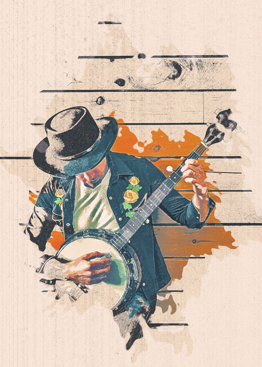 a man with a hat playing a banjo, trending on pexels, digital art, concert poster retro, rustic, 6 k, trending on artist