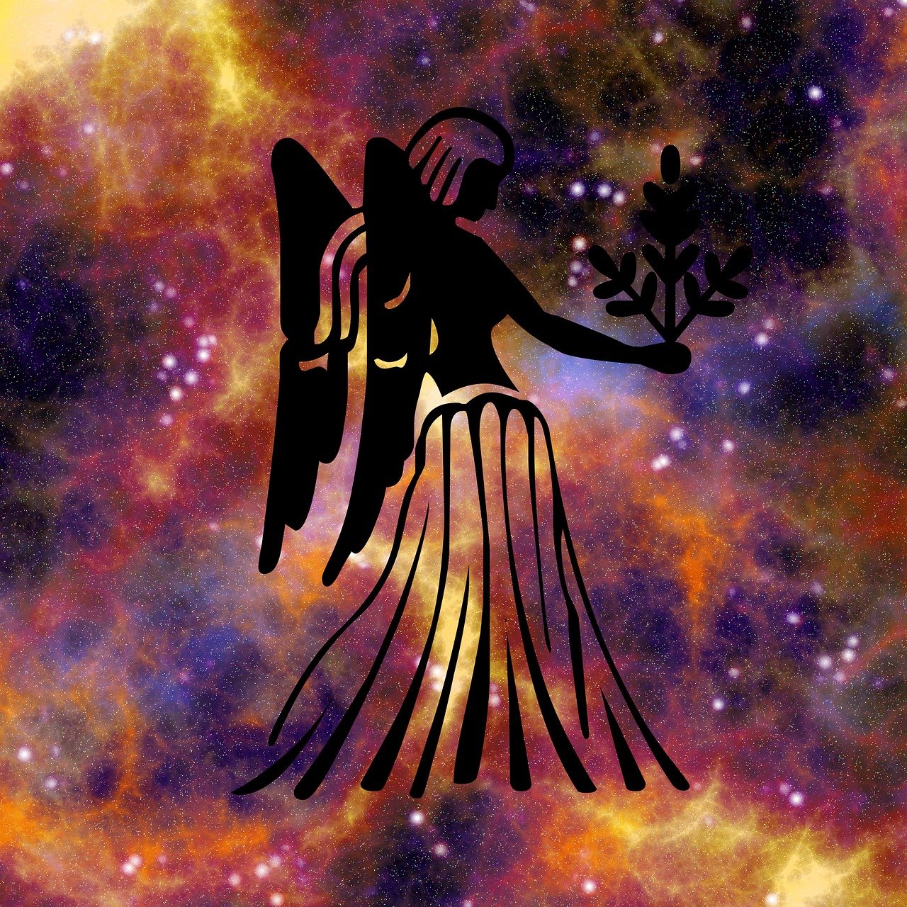 a painting of an angel holding a flower, a digital rendering, inspired by Xul Solar, art nouveau, on a galaxy looking background, single silhouette figure, greek titan goddess themis, mercury dress