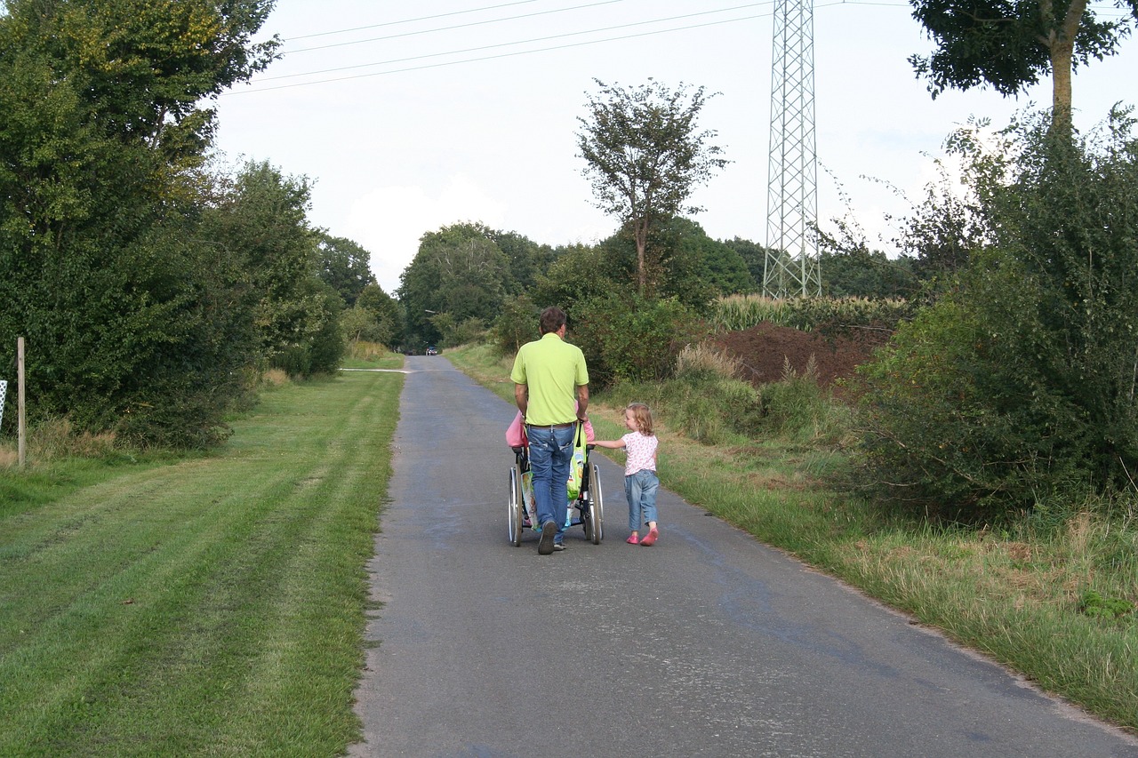 a man pushing a child in a stroller down a road, by Eugeen Van Mieghem, flickr, daughter, wheelchair, near farm, best friends