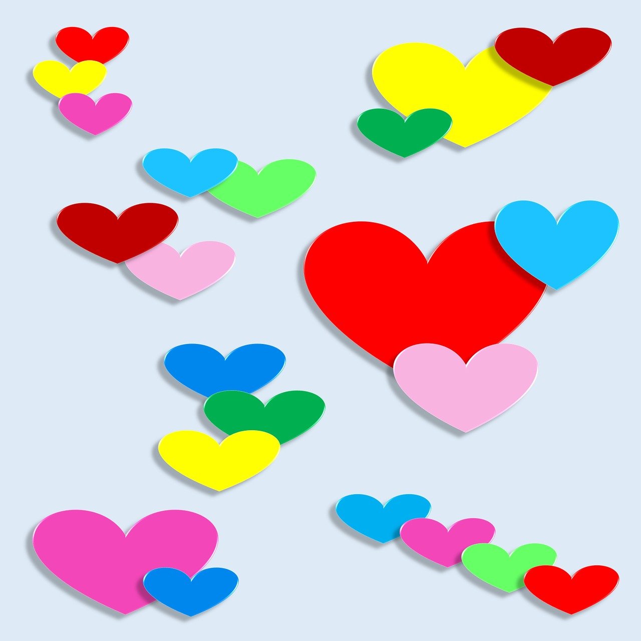 a bunch of paper hearts on a blue background, an illustration of, pop art, set photo, courful illustration, cutie mark, colored photo