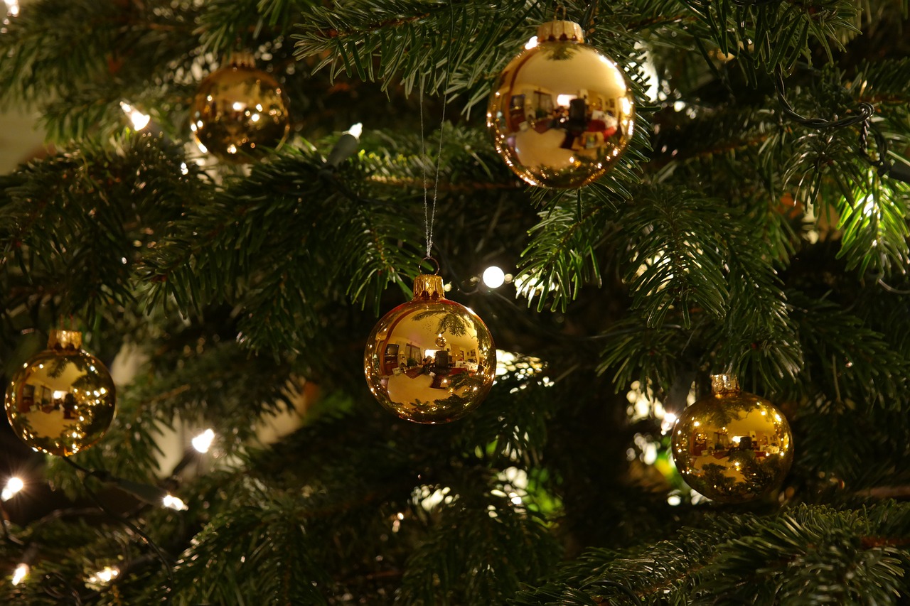 a close up of a christmas tree with ornaments on it, a portrait, pexels, baroque, - h 1 0 2 4, realistic gold, shot on sony a 7, mirror and glass surfaces