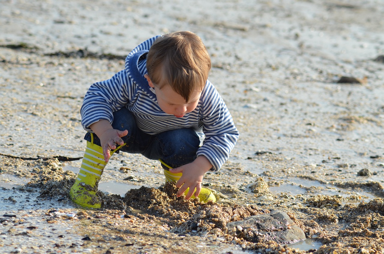 a little boy playing in the mud at the beach, by Edward Corbett, pixabay, seaweed and bubles, digging, barnacle, a handsome
