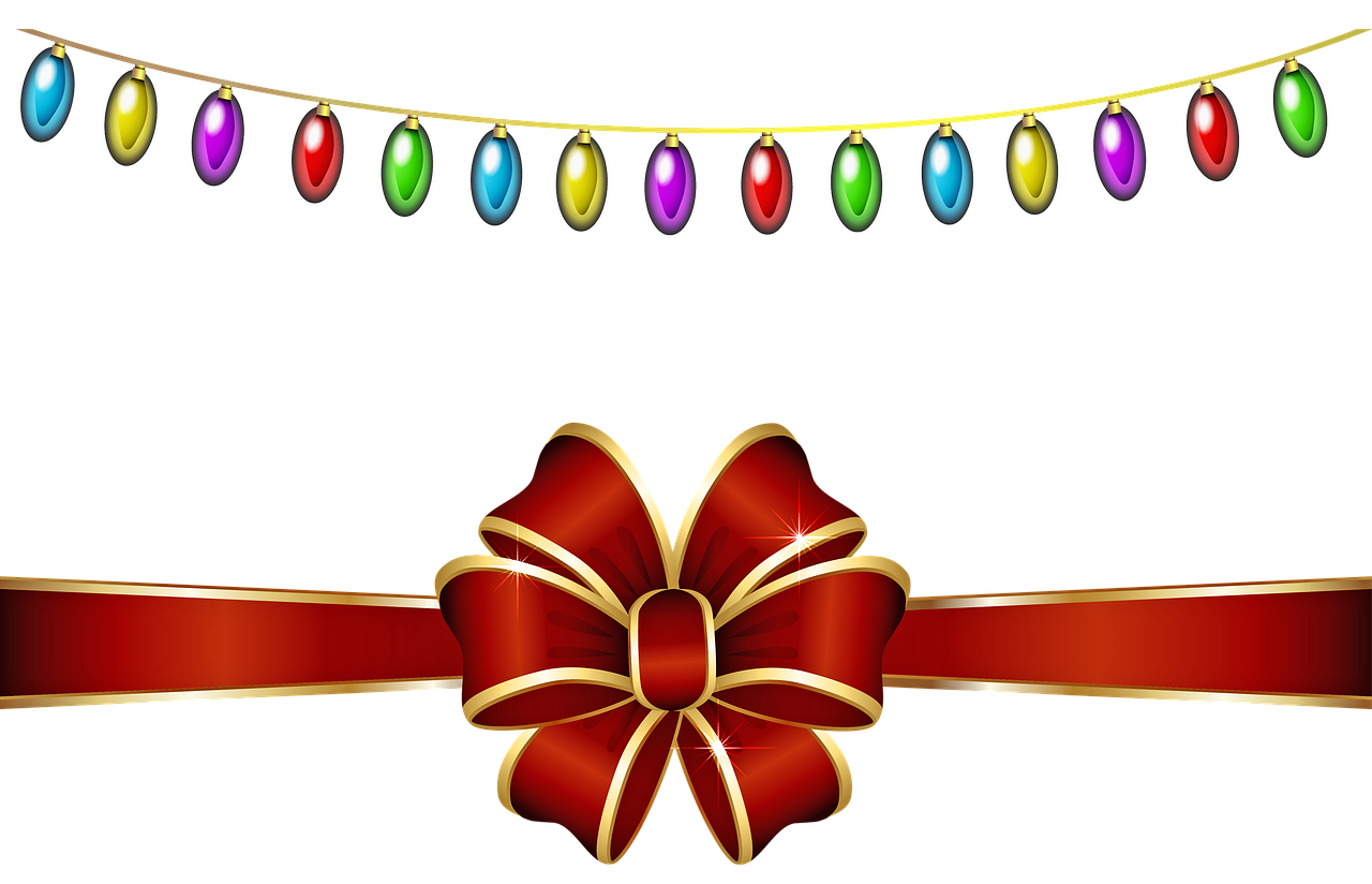 a ribbon and a bow on a black background, a digital rendering, sōsaku hanga, christmas lights, ornate colored gems, cute:2, marsden