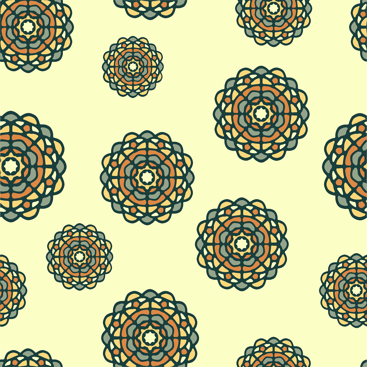 a pattern of flowers on a yellow background, art nouveau, smooth round shapes, celtic symbols, stylized layered shapes, on a pale background