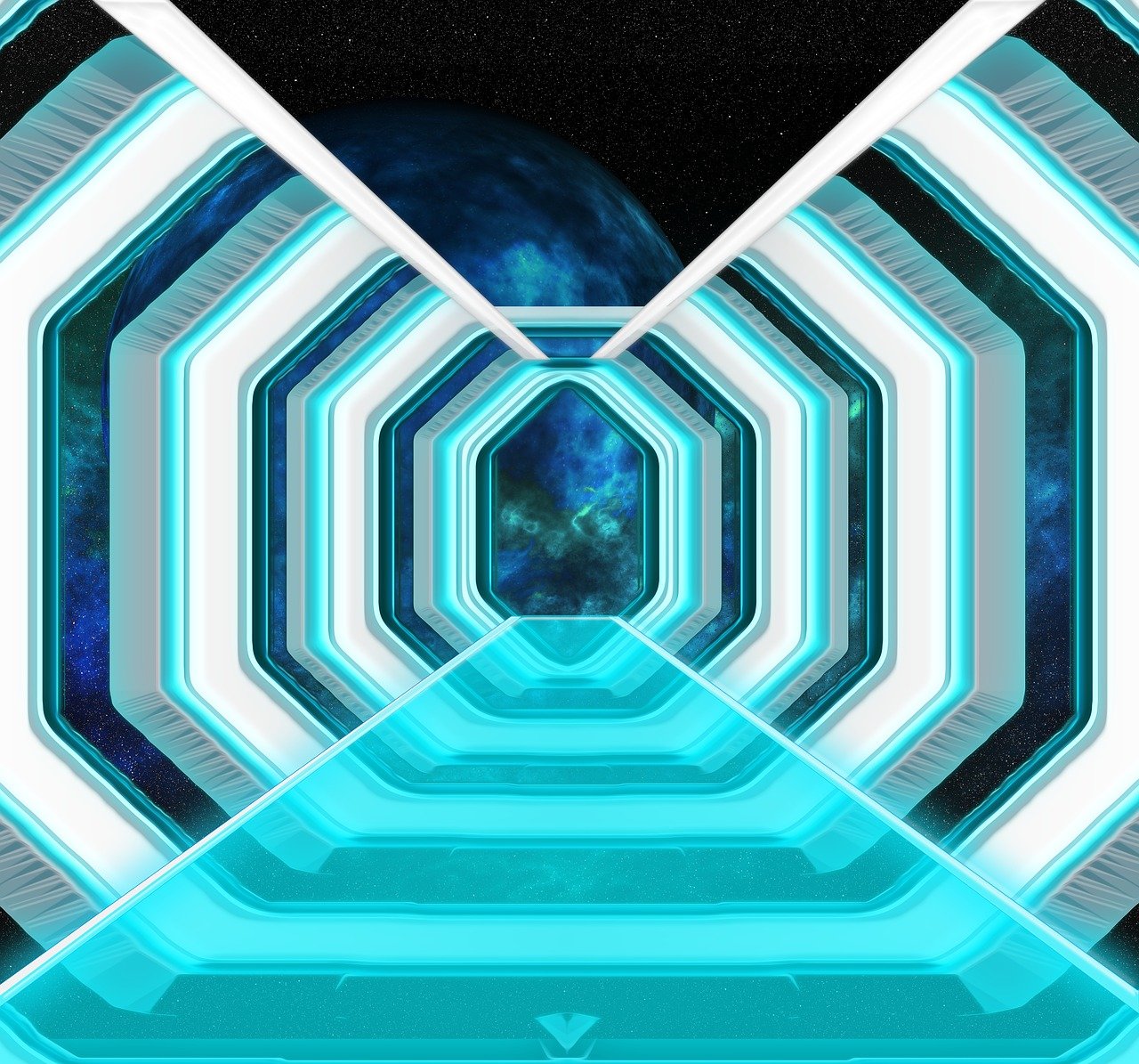 a blue and white tunnel with a planet in the background, futurism, hexagon moon, tron, beautiful space star planet neon, walking across ice planet