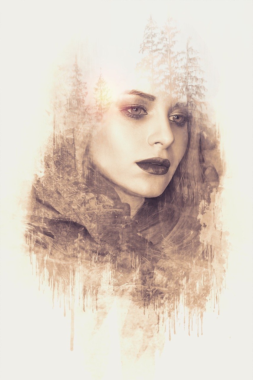 a close up of a woman's face with trees in the background, inspired by Emma Andijewska, digital art, cool sepia tone colors, portrait of a young witch girl, a beautiful artwork illustration, mixed media style illustration