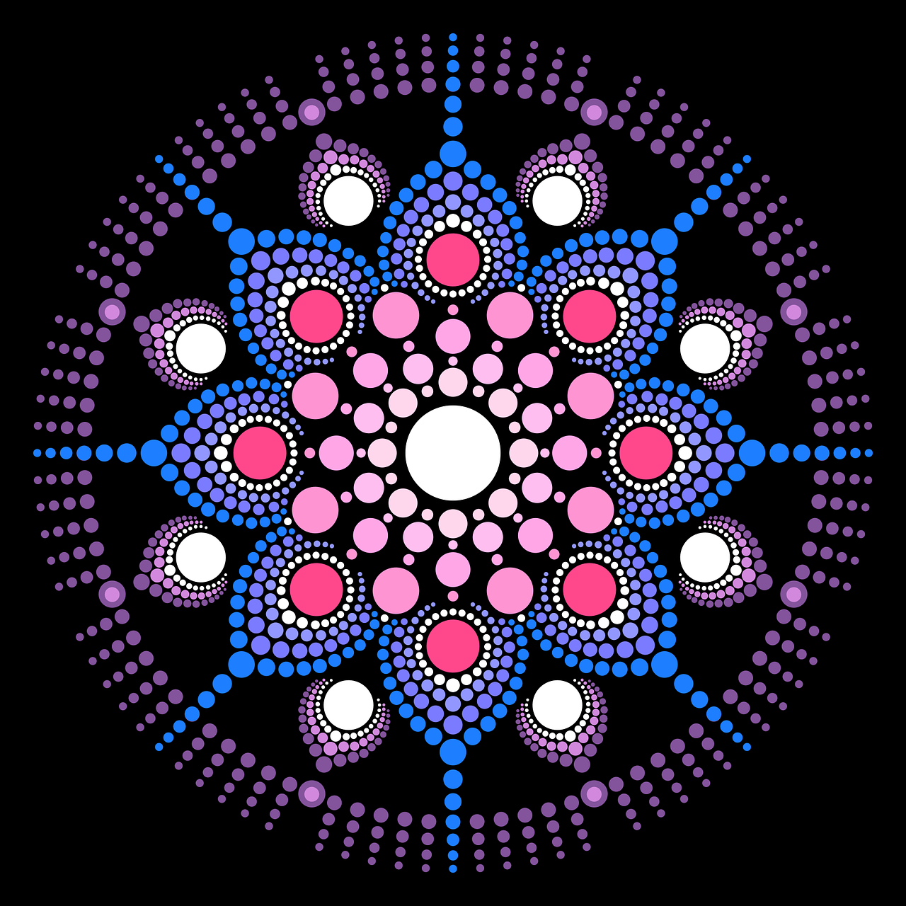 a blue and pink dot design on a black background, vector art, flickr, mandala white bones, australia, ajna chakra, beads of sweat
