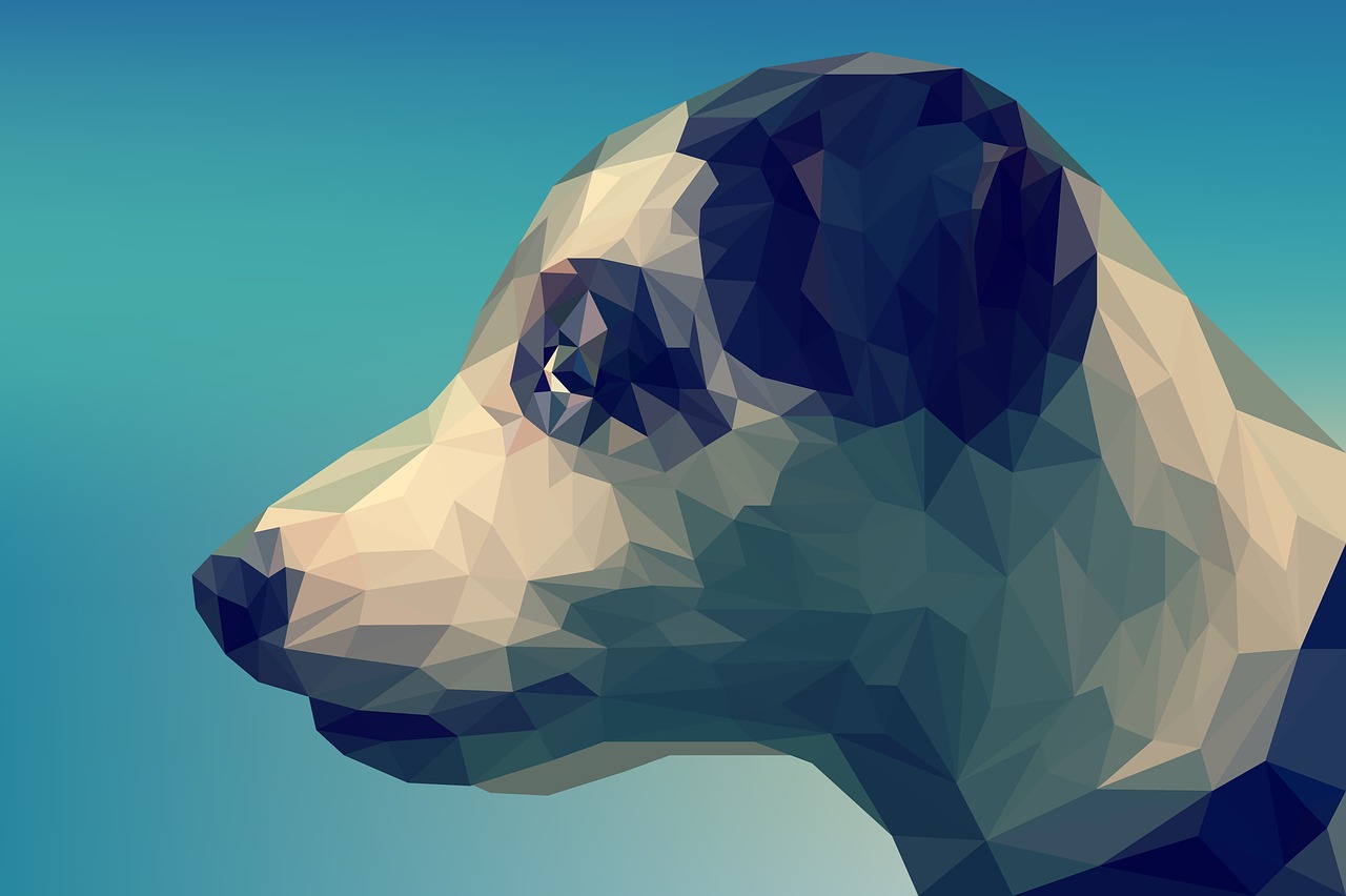 a close up of a dog's face on a blue background, vector art, by Adam Marczyński, shutterstock, digital art, low poly 3d model, badger, geodesic, an artistic pose