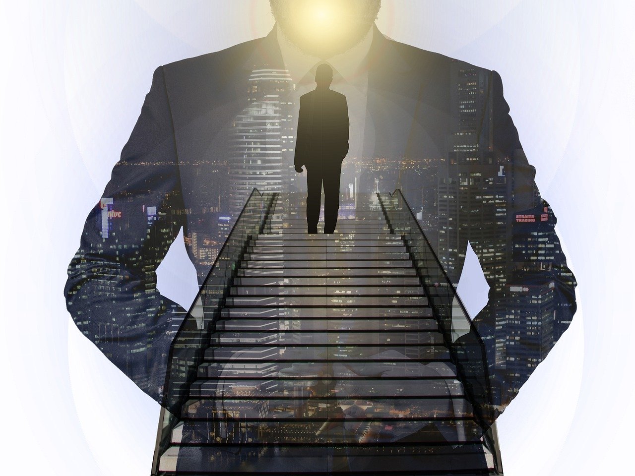 a man in a suit standing on a set of stairs, a picture, digital art, clear silhouette, view from bottom to top, enlightening, standing on a bridge