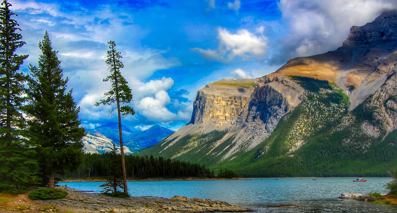 a body of water with a mountain in the background, a picture, by John J Park, pexels contest winner, fine art, beautiful pine tree landscape, banff national park, detailed trees and cliffs, 8 k vertical wallpaper