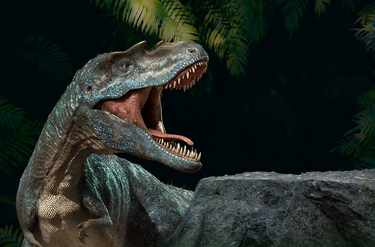 a close up of a dinosaur with its mouth open, inspired by Adam Rex, sumatraism, ((octane render)), diorama picture, by greg rutkowski, blue realistic 3 d render