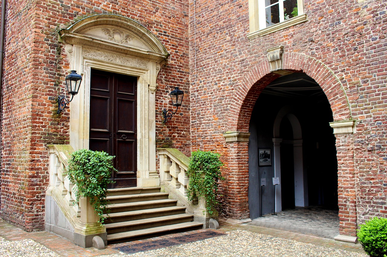 a set of stairs leading up to a brick building, inspired by Carl Frederik von Breda, shutterstock, polish mansion kitchen, doorway, style of caravaggio, lower saxony