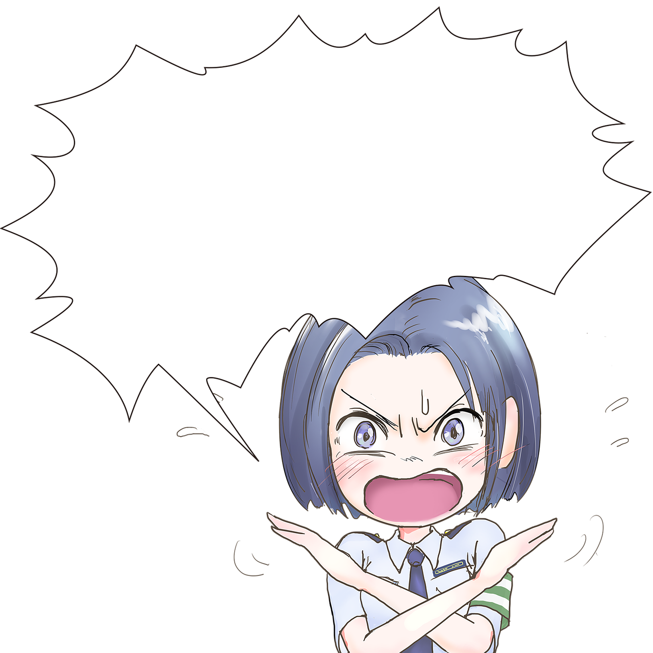 a close up of a person with a speech bubble, an anime drawing, mingei, little angry girl with blue hair, super super dynamic dynamic pose, yen press, uniform background