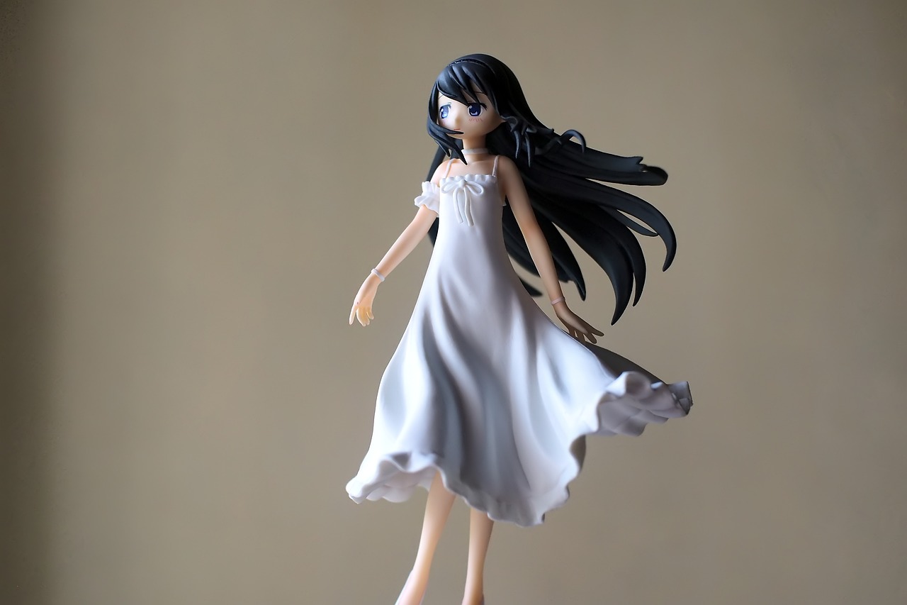 a figurine of a woman in a white dress, by Jin Homura, flickr, figuration libre, long wavy black hair, anime vtuber full body model, k-on, noire photo