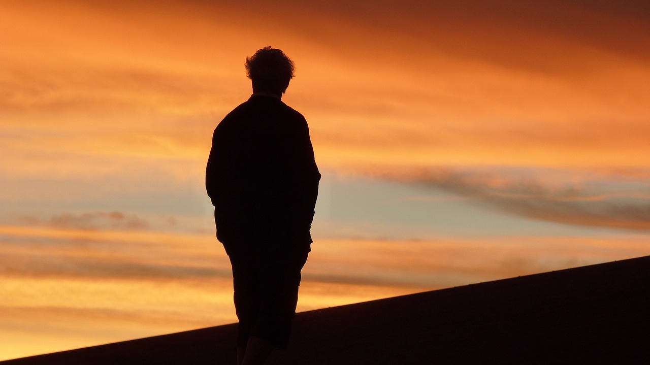 a man standing on top of a sand dune at sunset, precisionism, wearing black overcoat, profile picture 1024px, standing with her back to us, looking sad