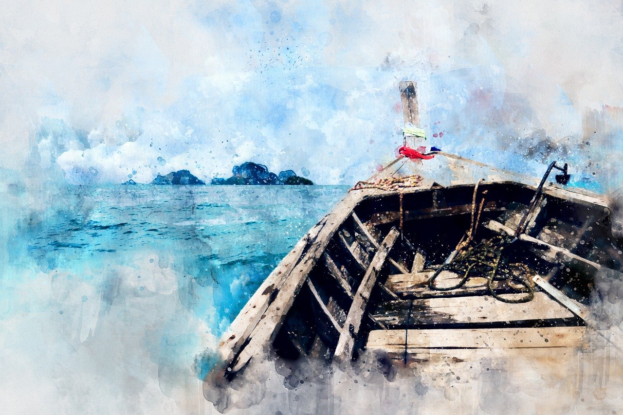 a watercolor painting of a boat in the ocean, shutterstock, mixed media style illustration, thailand art, on canvas, blurred and dreamy illustration