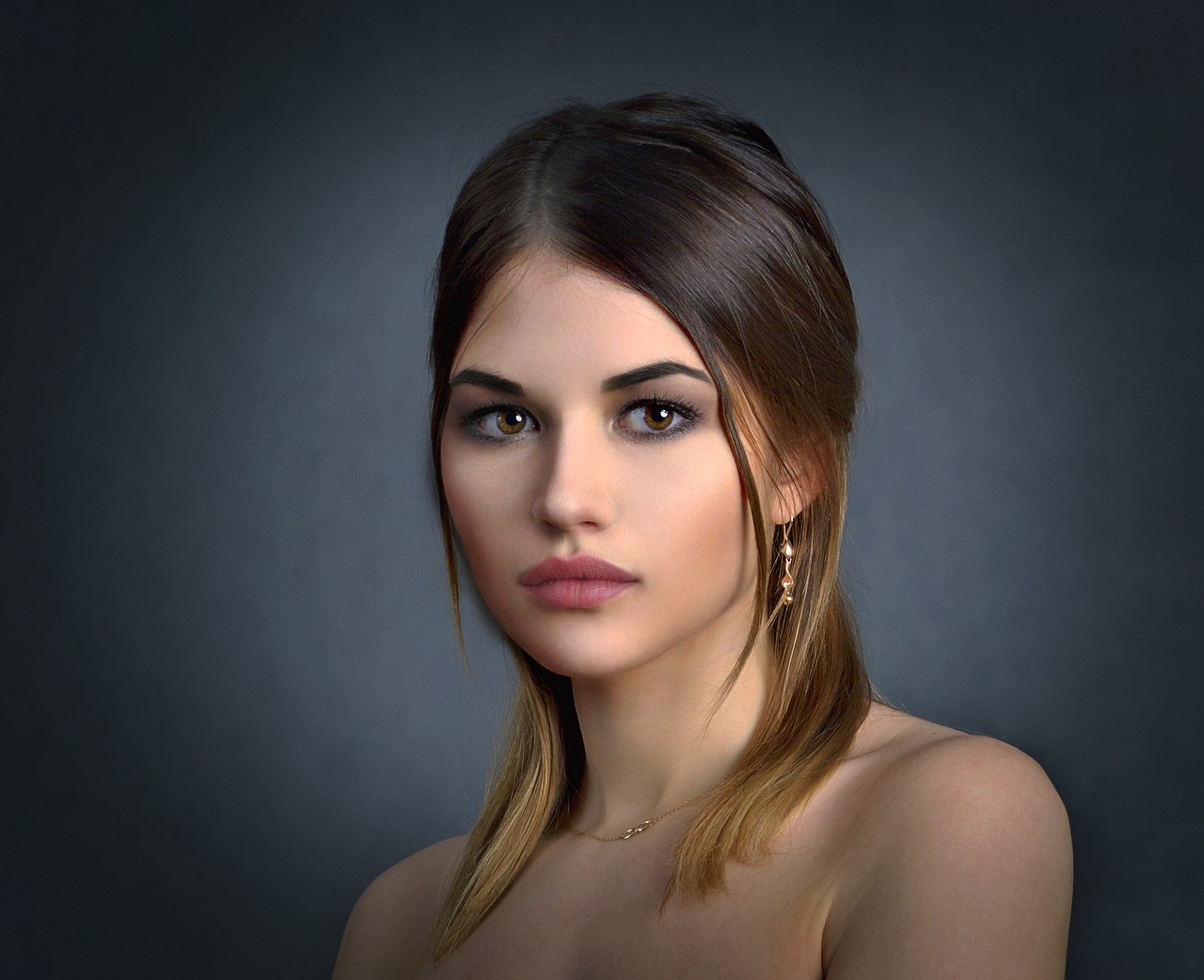 a beautiful young woman posing for a picture, a photorealistic painting, inspired by Carlo Mense, zbrush central contest winner, photorealism, alexandra daddario, portrait emily ratajkowski, makeup. unreal engine, 2 4 year old female model