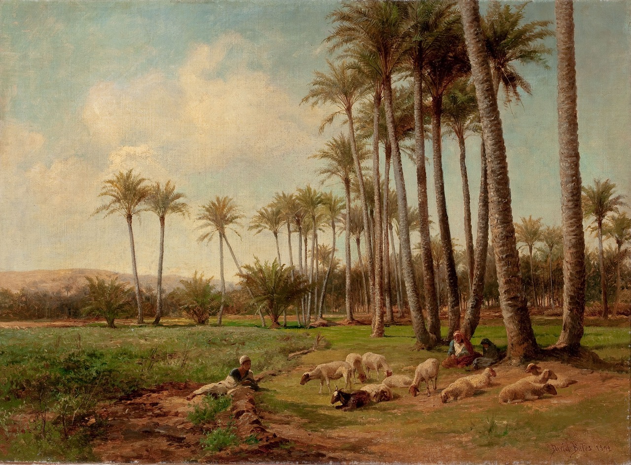 a painting of a herd of sheep grazing in a field, a fine art painting, by Isidore Bonheur, shutterstock, date palm trees, girls resting, cairo, palm trees james gurney