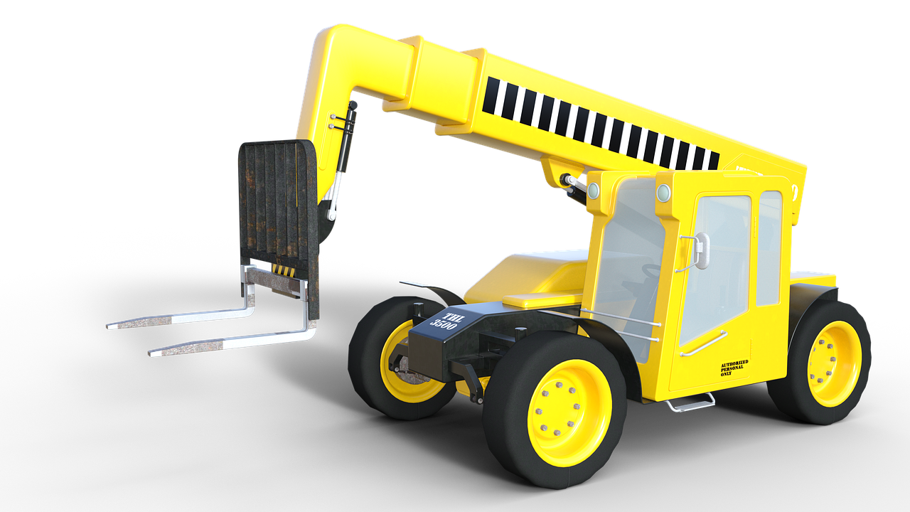 a yellow crane sitting on top of a fork, by John Luke, polycount contest winner, vehicle concept photo!!, low quality 3d model, big hammer, toddler