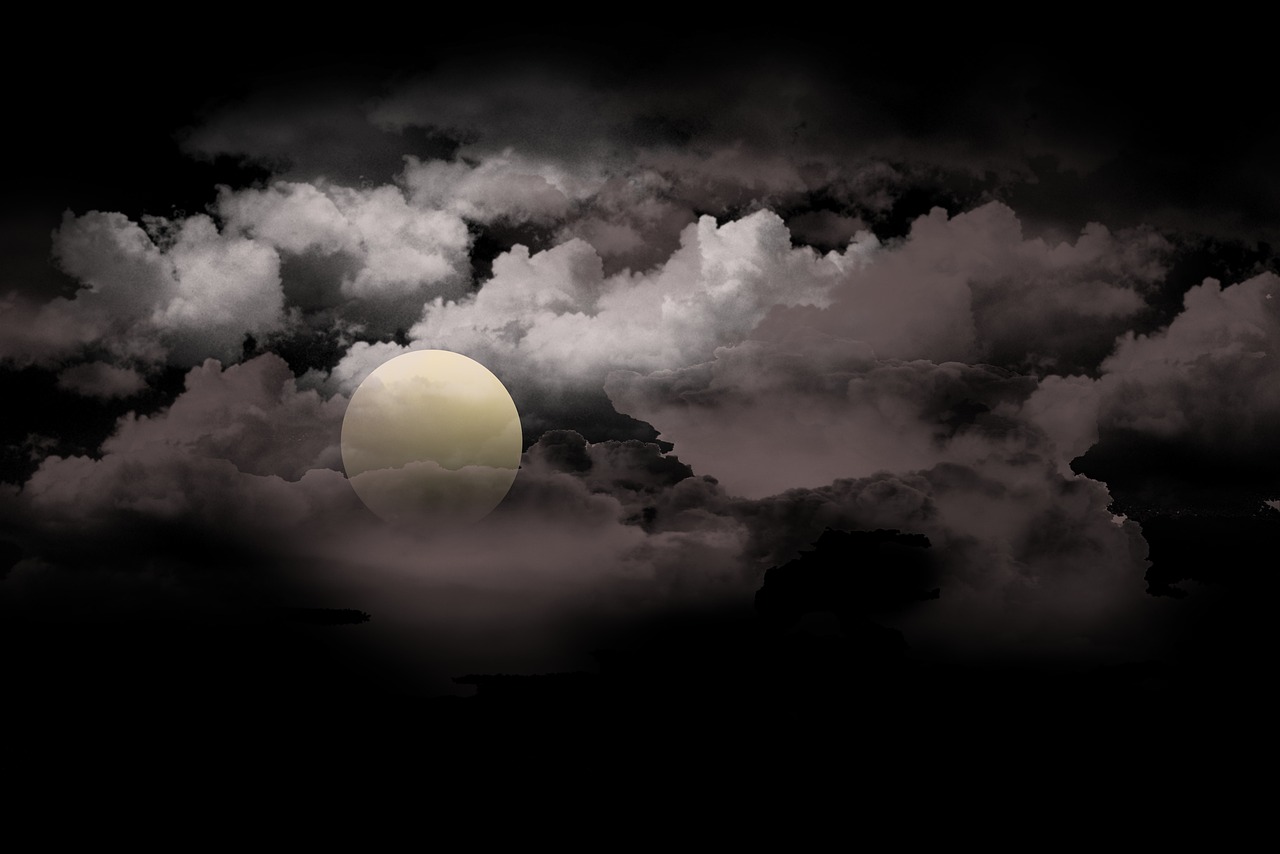 a full moon is seen through the clouds, an illustration of, pixabay, yellow volumetric fog, dark atmosphere illustration, calm night. digital illustration, dark and beige atmosphere
