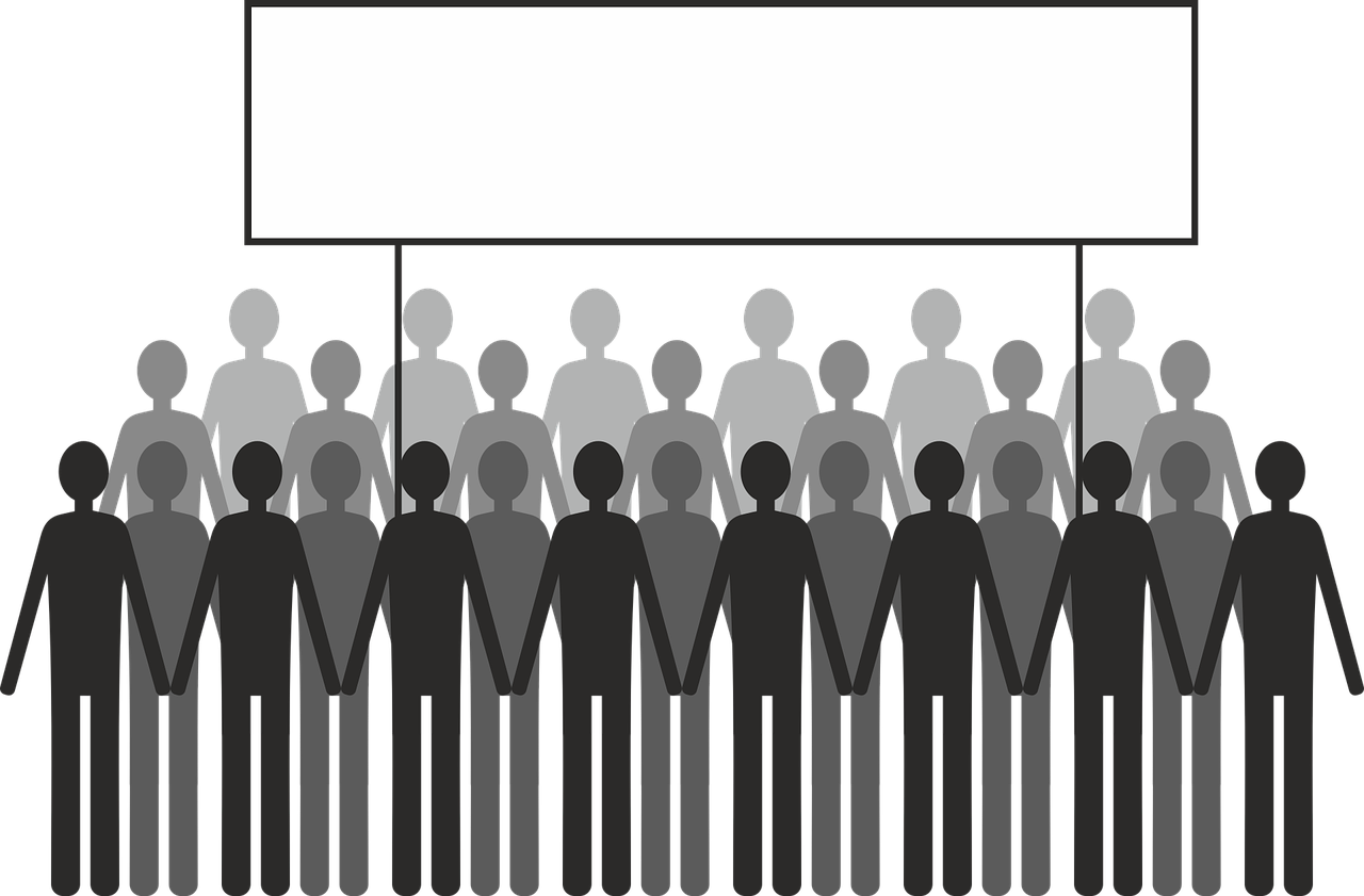 a group of people standing in front of a sign, a cartoon, pixabay, gray color, black!!!!! background, in rows, clipart