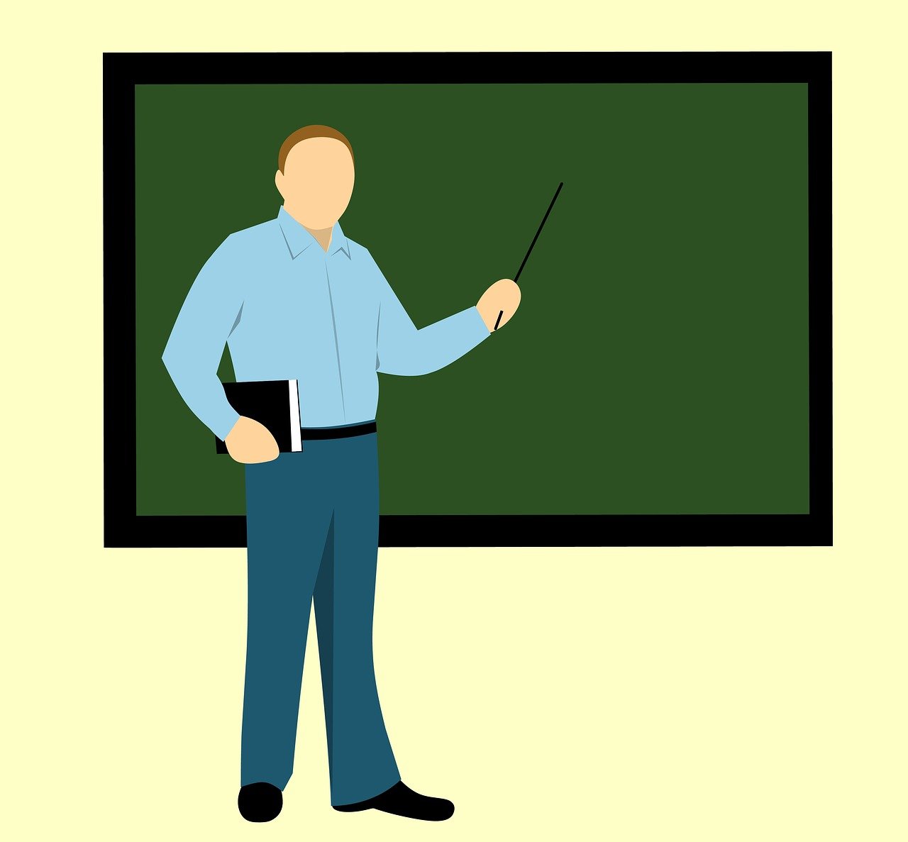 a man standing in front of a blackboard with a pointer, an illustration of, flat - color, sharp illustration, teacher, very detailed illustration