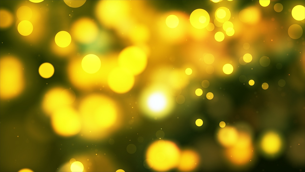 a close up of a bunch of yellow lights, digital art, by Aleksander Gierymski, flickr, digital art, glitter background, relaxed. gold background, yellow and green, light particules