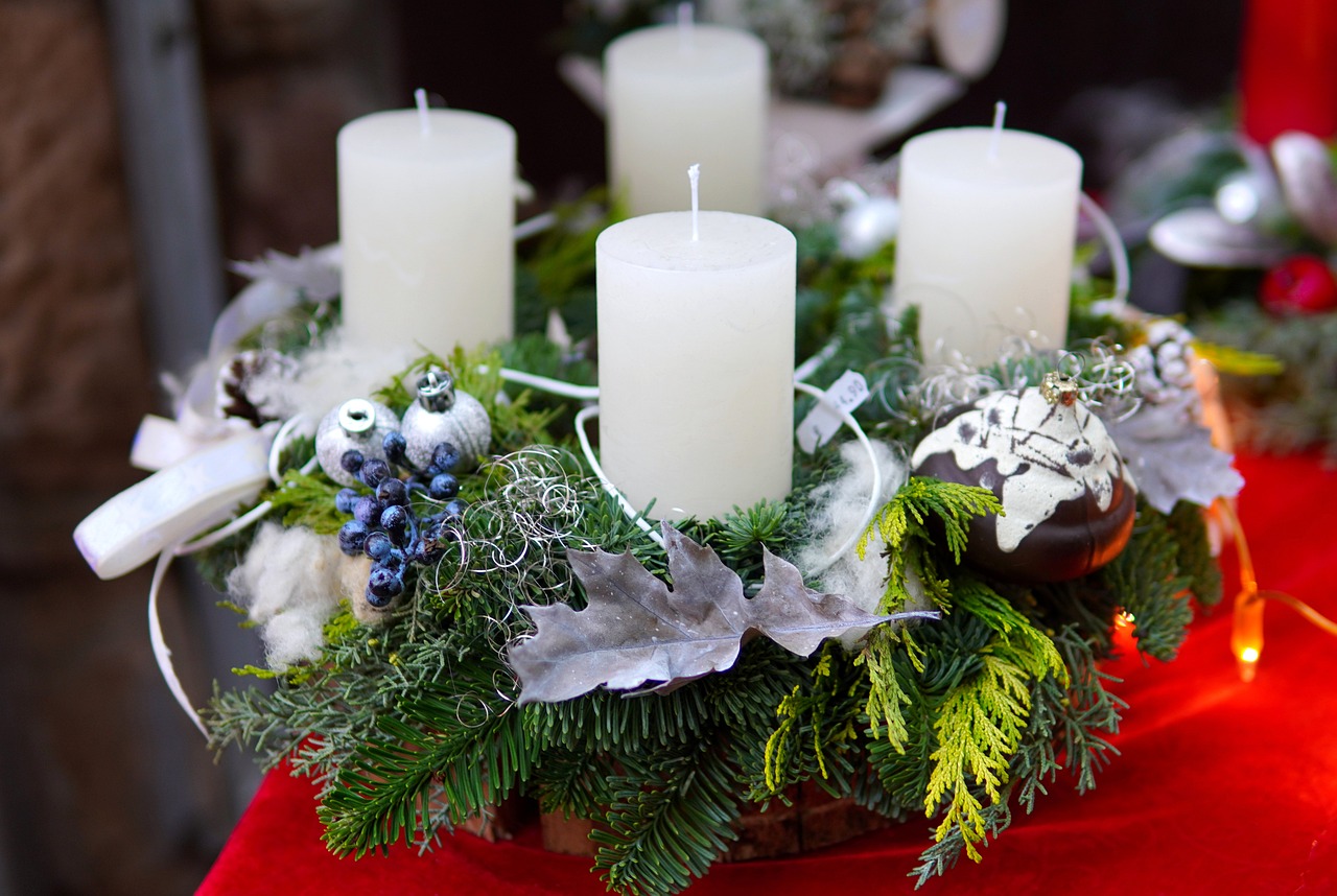 a bunch of candles sitting on top of a table, by Maksimilijan Vanka, wreath of ferns, istockphoto, - h 1 0 2 4, showpiece