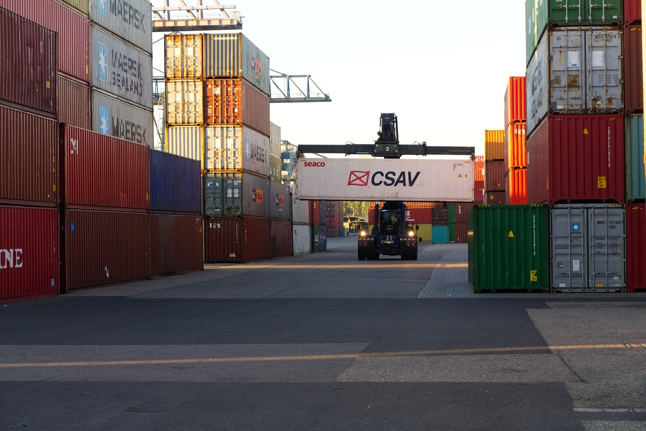 a forklift that is sitting in the middle of a street, container ship, cecco bravo, sascha schneider, walking towards the camera