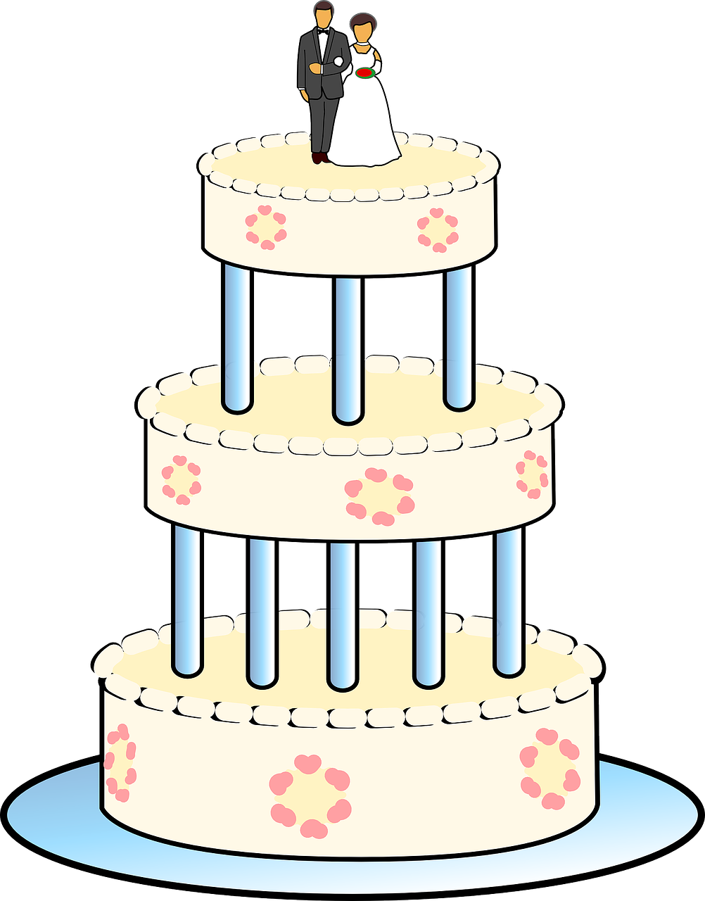 a wedding cake with a bride and groom on top, a digital rendering, by Hugh Hughes, pixabay, naive art, tall thin, with a black background, plan, three