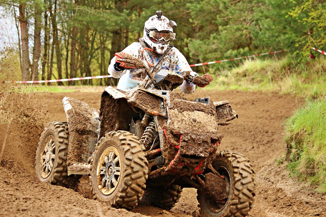 a man riding on the back of a dirt bike, a photo, by Cornelisz Hendriksz Vroom, shutterstock, process art, all terrain vehicle race, fur with mud, 3 4 5 3 1, buggy