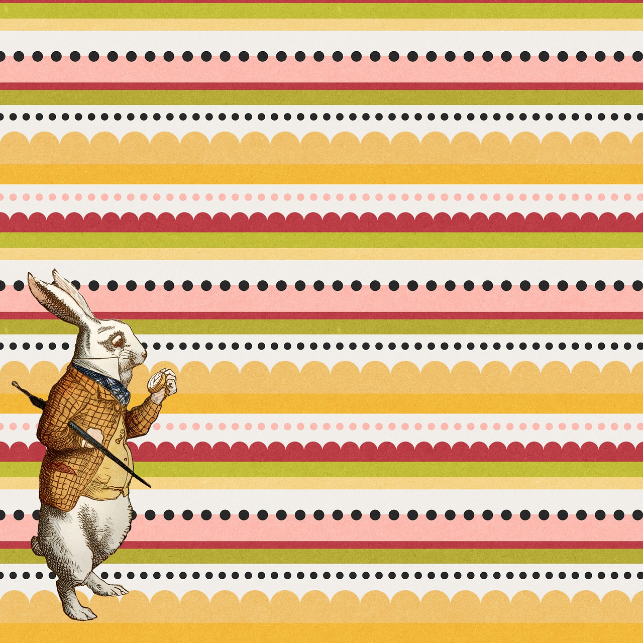 a white rabbit standing in front of a colorful striped background, a digital rendering, inspired by Sir John Tenniel, graphic 4 5, detailed patterned background, diner background, ben - day dots