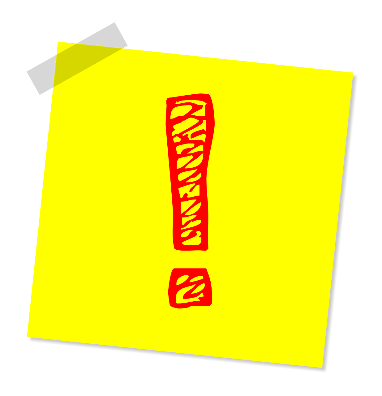 a yellow post it note with a red exclamation on it, an illustration of, pixabay, graffiti, color manga panel, on a flat color black background, isolated on white background, notices