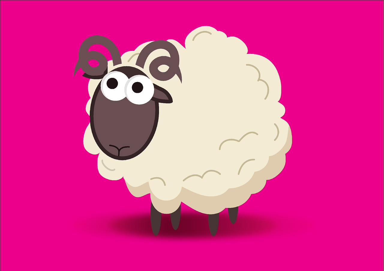 a cartoon sheep standing in front of a pink background, vector art, beautiful big symmetric eyes, 😃😀😄☺🙃😉😗, horn, on simple background