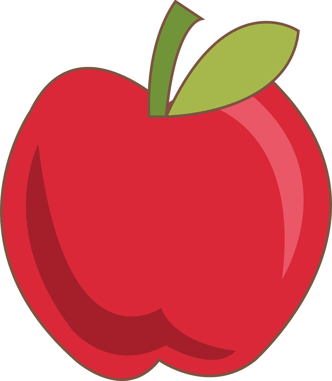 a red apple with a green leaf, inspired by Masamitsu Ōta, full color still, black, simple cartoon style, side profile centered