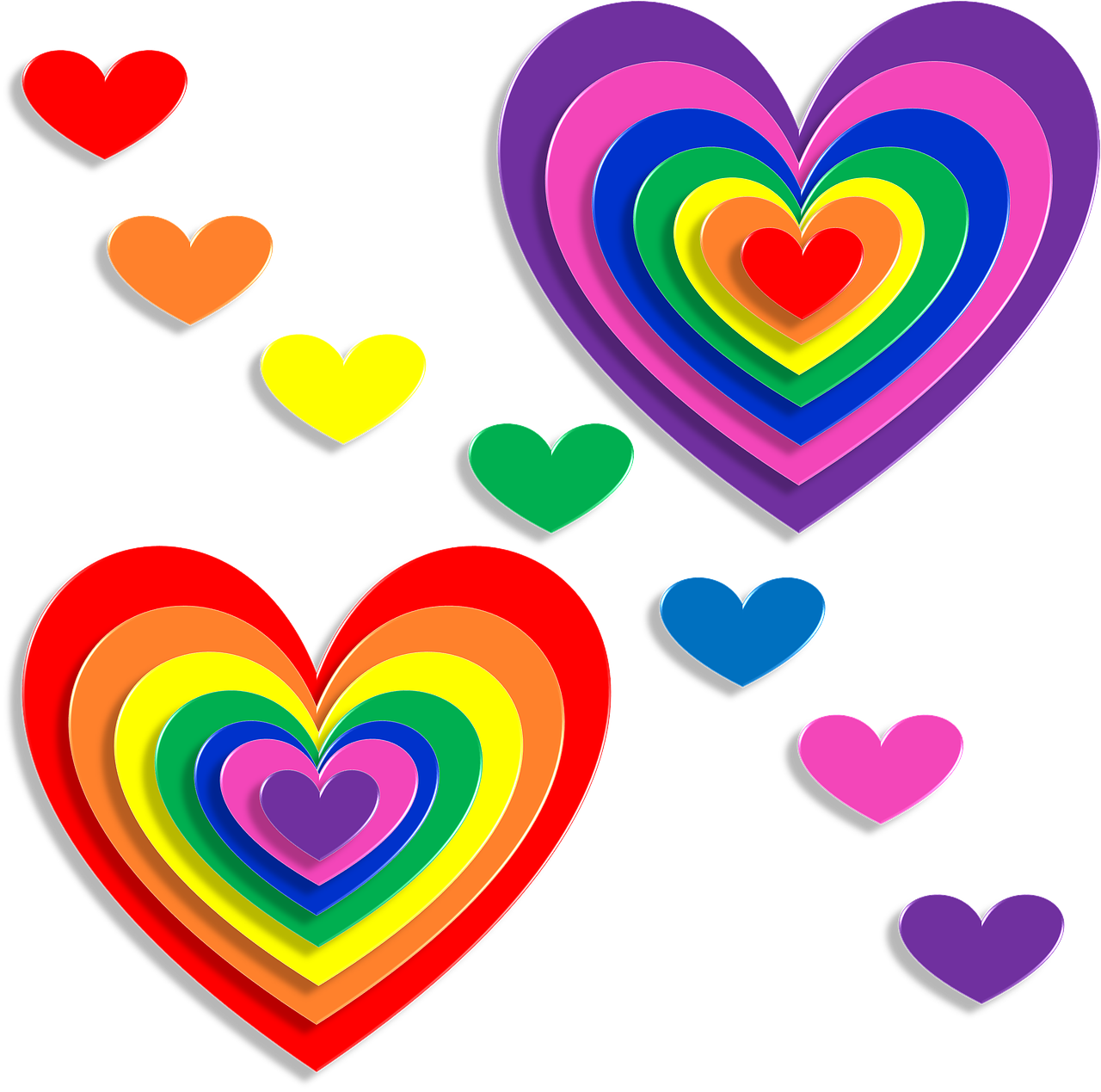 a group of rainbow colored hearts on a black background, inspired by Lisa Frank, computer art, 7 0 s photo, clip-art, very accurate photo, ad image