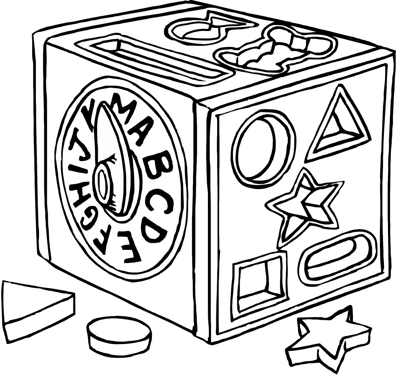 a black and white drawing of a toy box, a picture, cubo-futurism, vector images, clock, magic circle, shape language