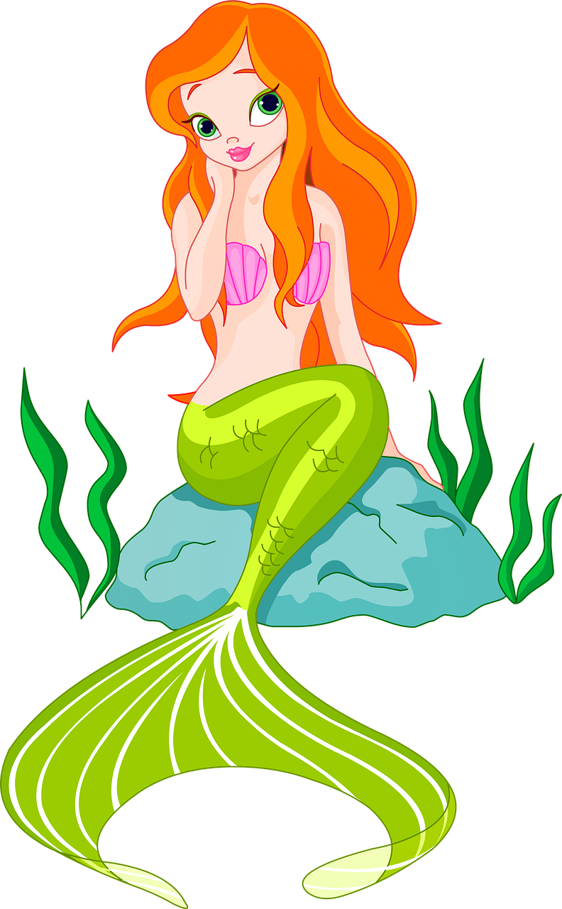 a cartoon mermaid sitting on a rock, by Melissa A. Benson, shutterstock, red hair and attractive features, on a black background, ¯_(ツ)_/¯, full of greenish liquid