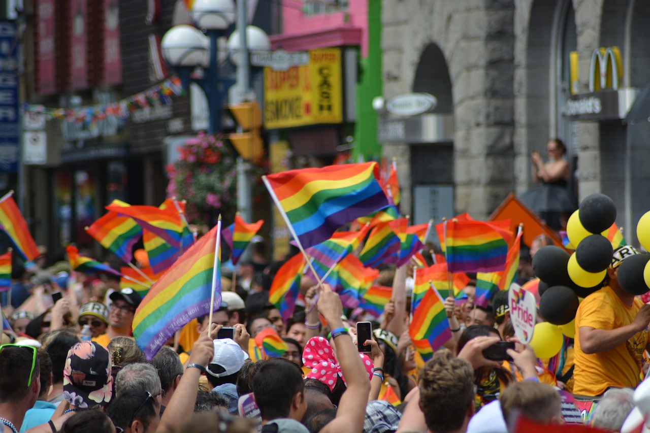 a crowd of people holding flags and balloons, pexels, rainbows in the background, homoerotic!, busy streets filled with people, vibrantly lush