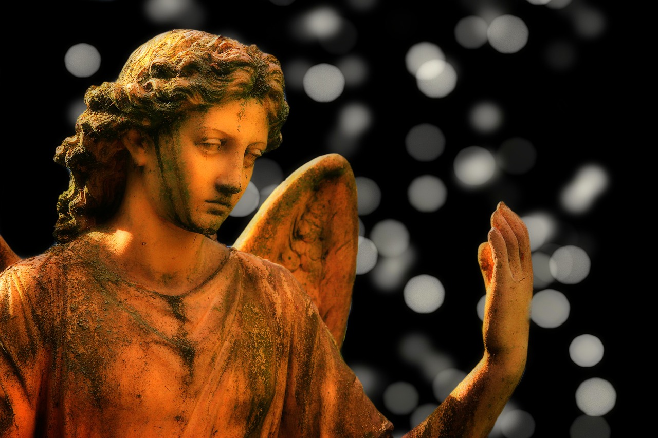 a close up of a statue of an angel, by Marie Angel, trending on pixabay, digital art, bokeh volumetric lighting, on his right hand, with a black dark background, holiday season