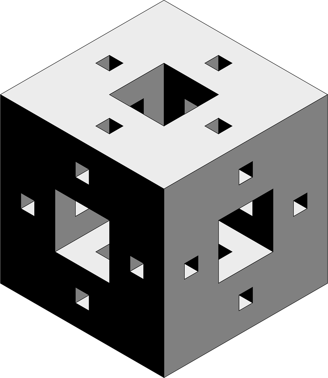 a black and white image of a cube, a computer rendering, inspired by MC Escher, reddit, sierpinski gasket, vertical symmetry, isometric view, rendered illustration