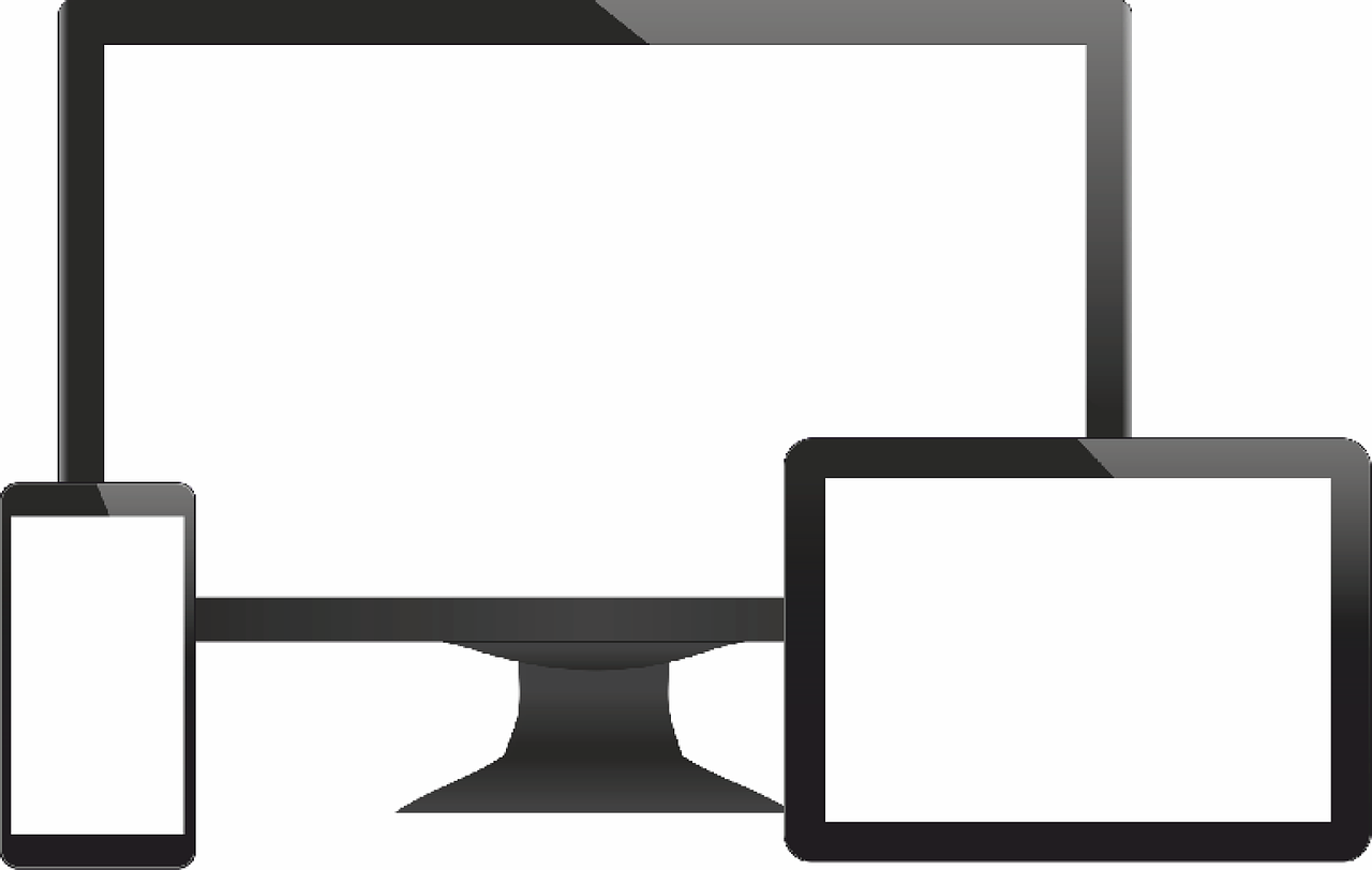 a computer monitor, tablet and phone next to each other, background(solid), squared border, without text, console and computer