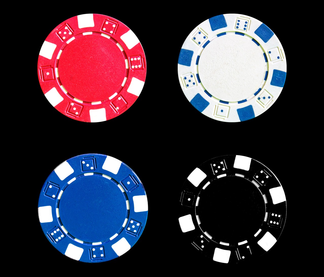 four different colored poker chips on a black background, a stock photo, dau-al-set, bandoliers, red and white and black colors, cutout, on a flat color black background
