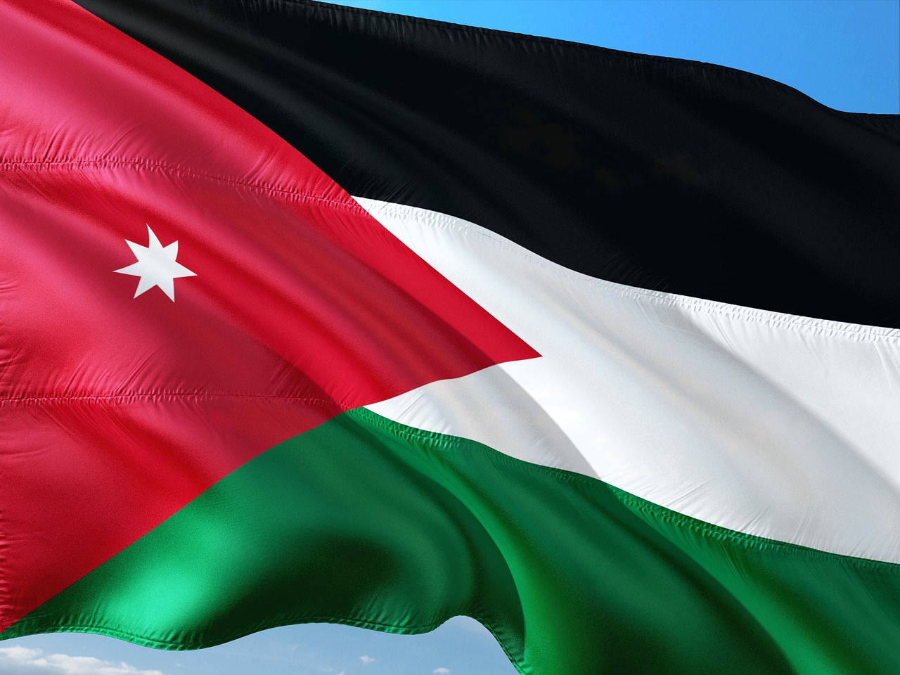 the flag of jordan flies high in the sky, a digital rendering, inspired by Julia Pishtar, shutterstock, hurufiyya, closeup portrait shot, 1128x191 resolution, red green white black, shabab alizadeh