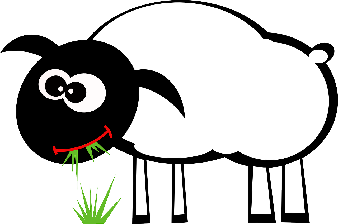 a black and white sheep eating some grass, a cartoon, by Konrad Krzyżanowski, pixabay, an eye, smiling, minimalist, malika favre