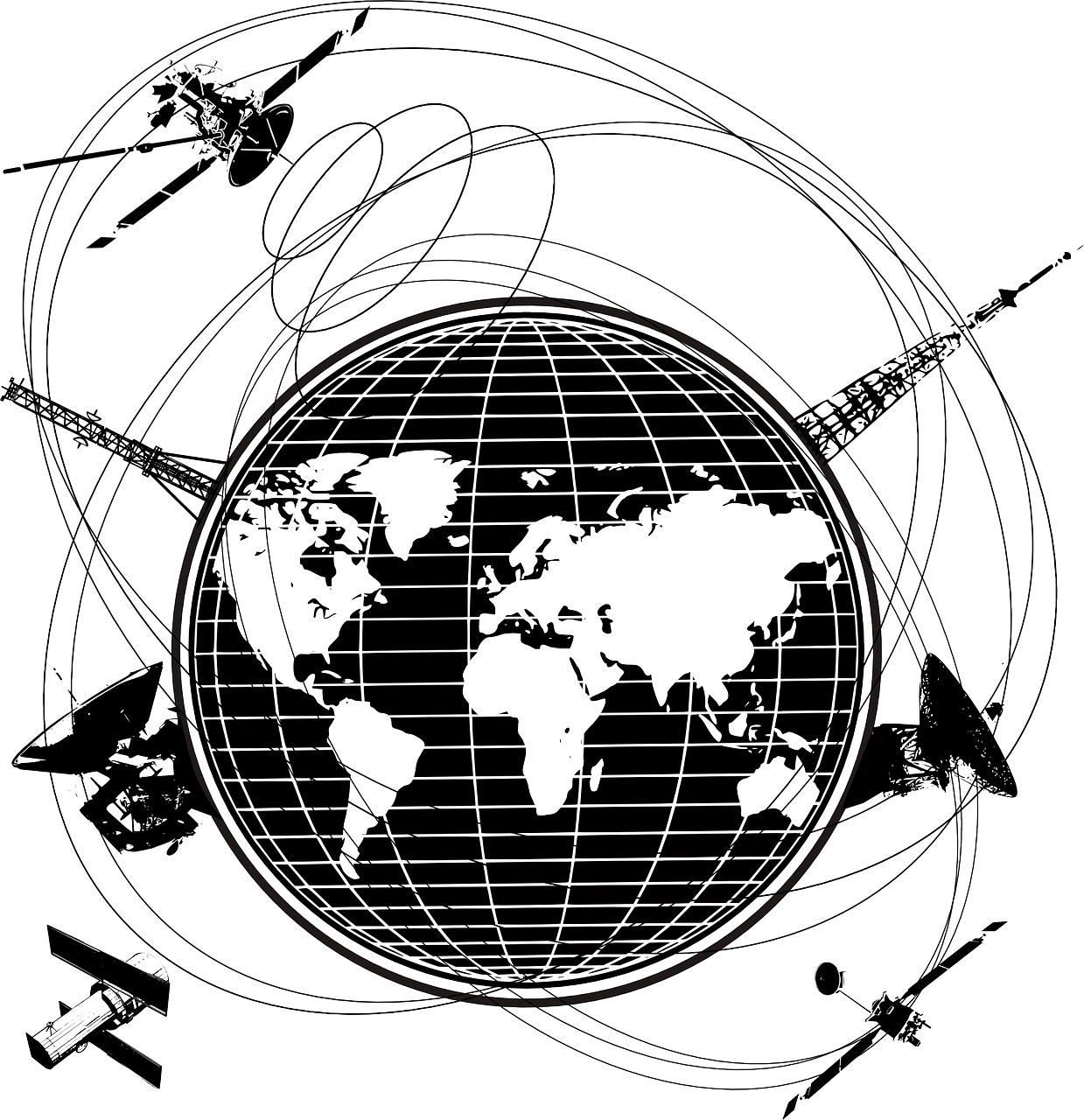 a black and white drawing of a globe with airplanes flying around it, an illustration of, wires earth background, astrolabe, attack vector, vostok-1