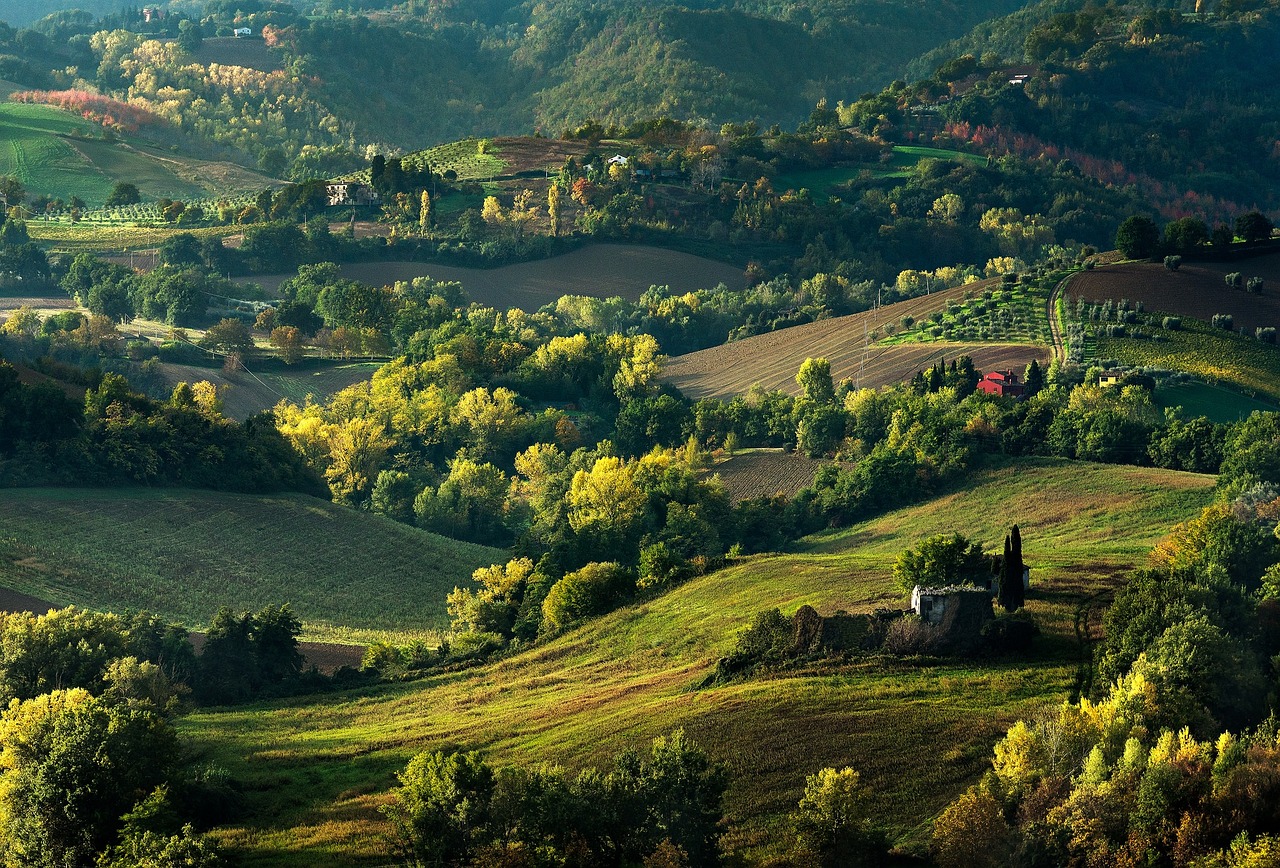 a small house sitting on top of a lush green hillside, by Luca Zontini, autumn light, patches of green fields, quintessa, beautiful small town