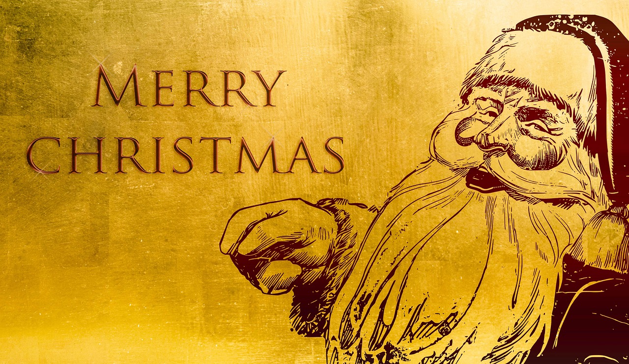 a gold christmas card with a drawing of a santa claus, an etching, inspired by Ernest William Christmas, shutterstock, fine art, closeup of fist, digitally painted, full frame shot, jesus