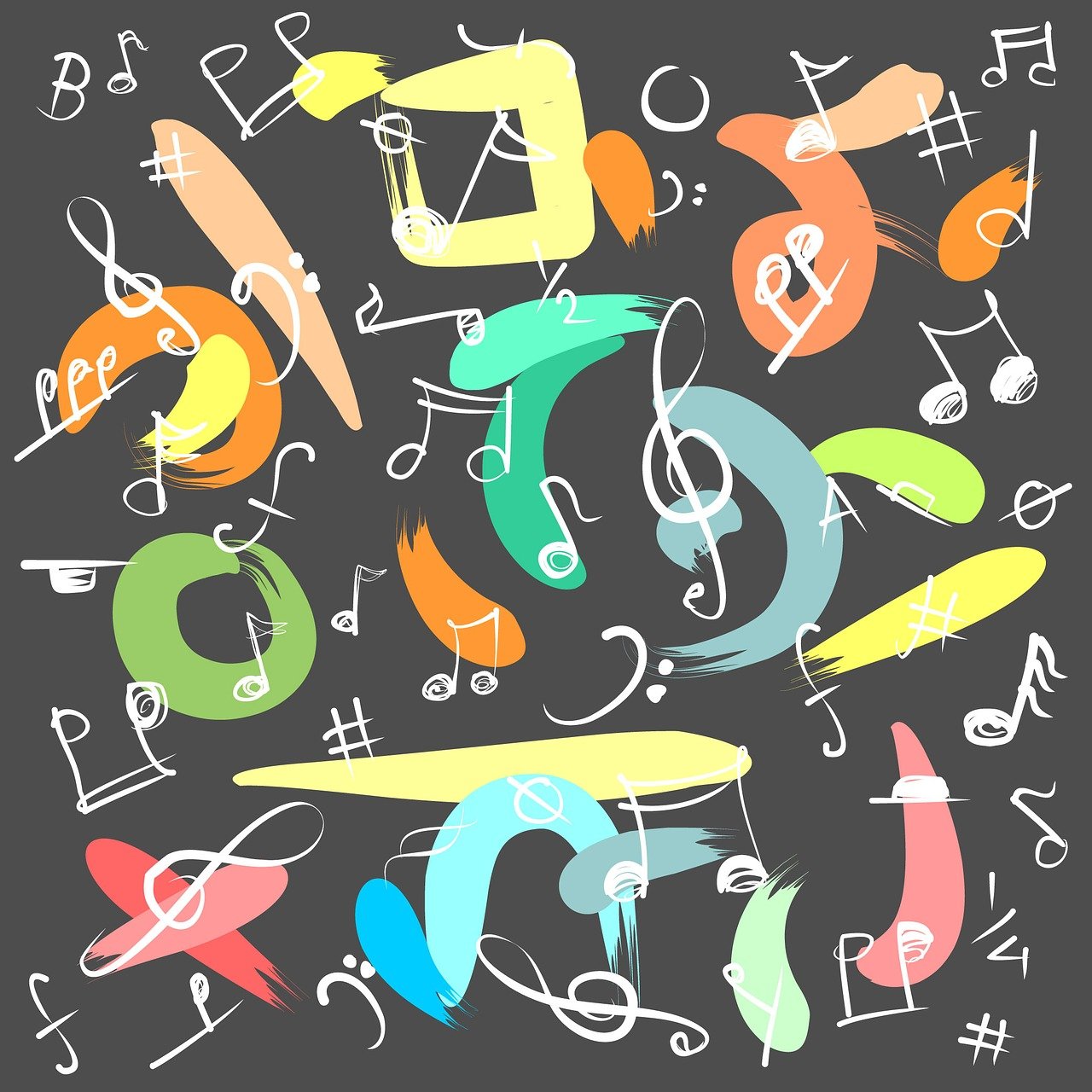 a bunch of musical notes on a black background, a pastel, lyrical abstraction, 🎨🖌️, art set, funny jumbled letters, colorful palette illustration