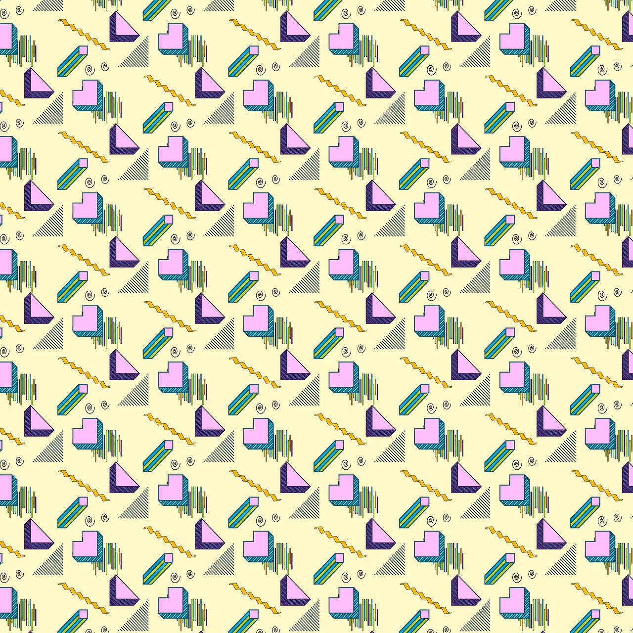 a pattern of geometric shapes on a yellow background, tumblr, with a bunch of stuff, spritesheet, gold green and purple colors”, delorean background